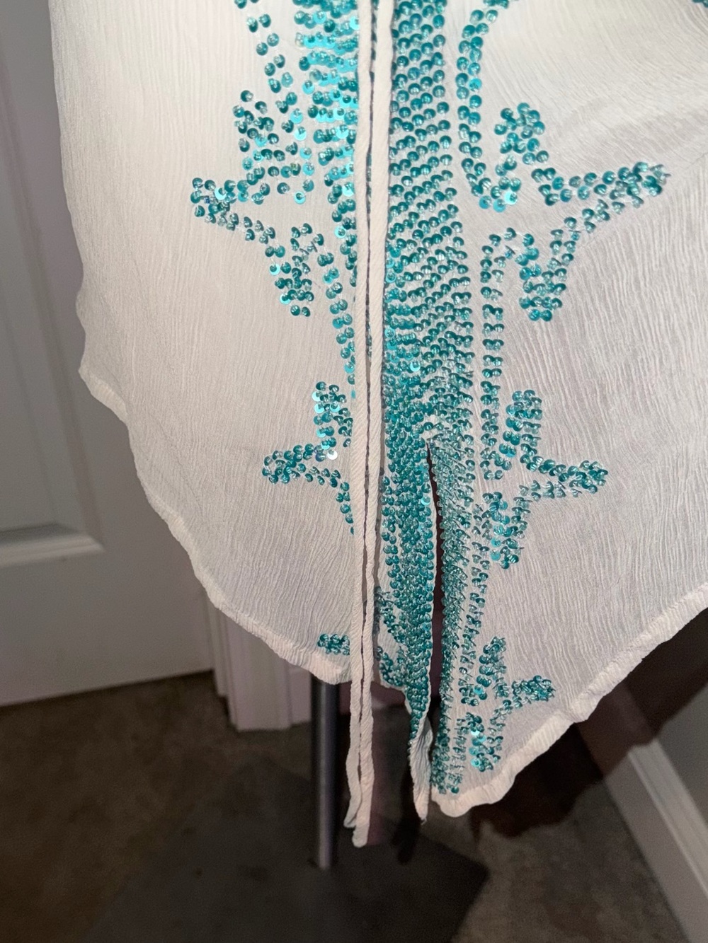 Calypso St. Barth 100% Silk White & Turquoise Sequined Beach Cover-Up Tunic - Picture 12 of 15